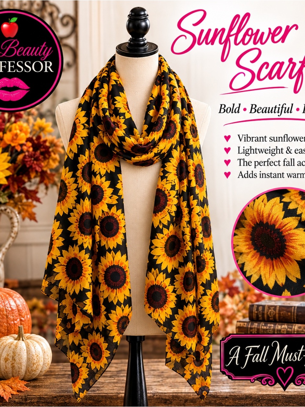 💕 Sunflower Scarf Black Yellow Floral Lightweight Fall Wrap 58 x 14